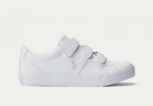 Polo by Ralph Lauren Girls White Velcro Strap Sneakers w/Pink Logo